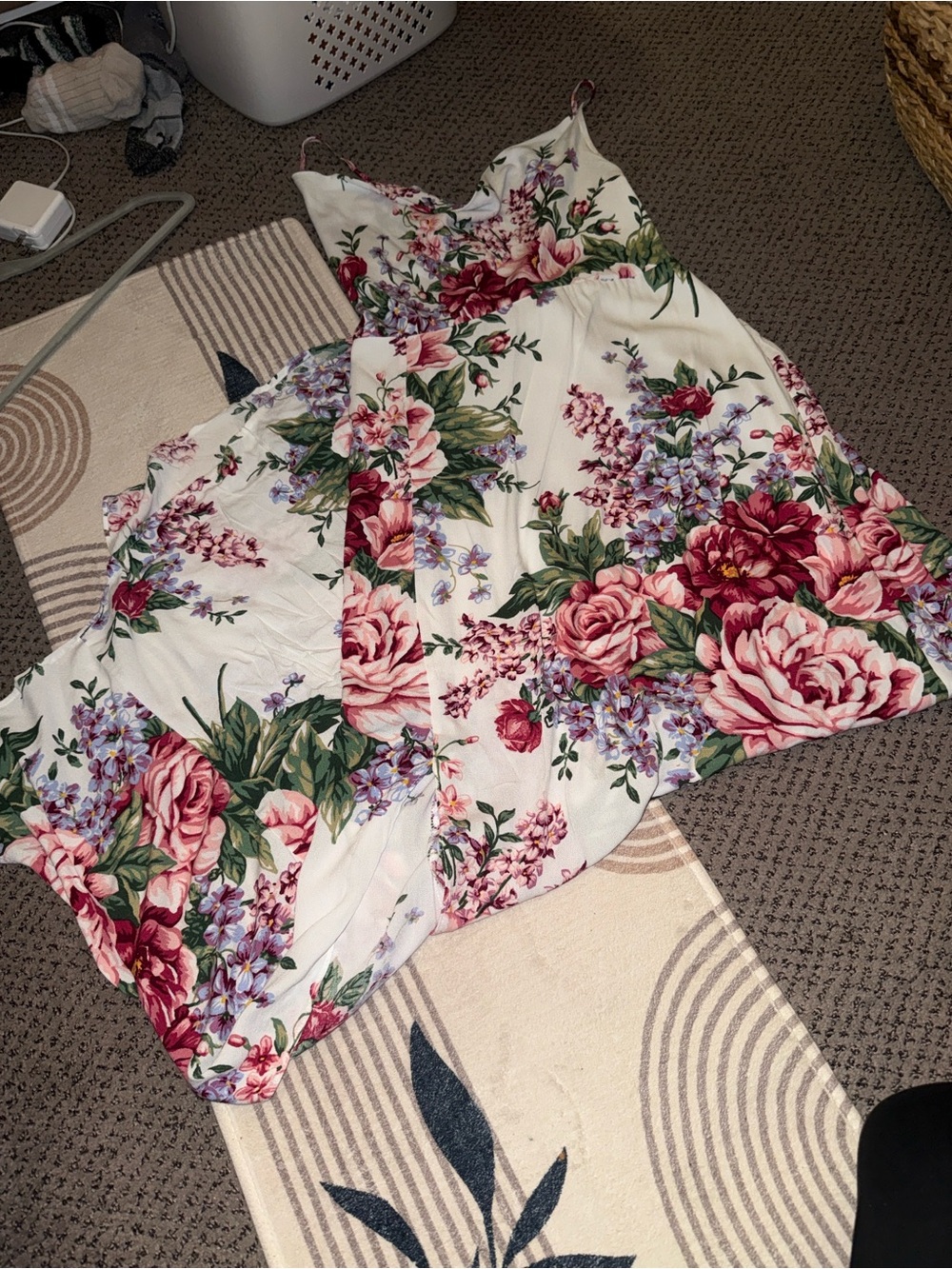 White Floral Maxi Dress with Pink & Green Bouquet Print